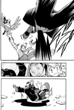 A page from the manga, showing Dia push Pearl out of the way of some shadowy spikes, which cause dia to get impailed in the stomach. Pearl watches in shock as Dia falls to the ground, eye's blank.